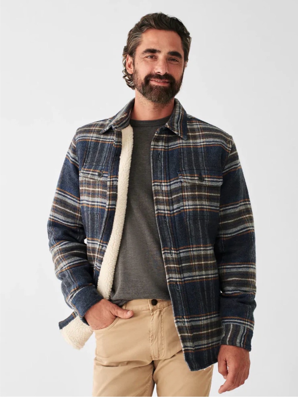 Faherty Navy Plaid Sherpa-Lined Shirt Jacket Size Medium